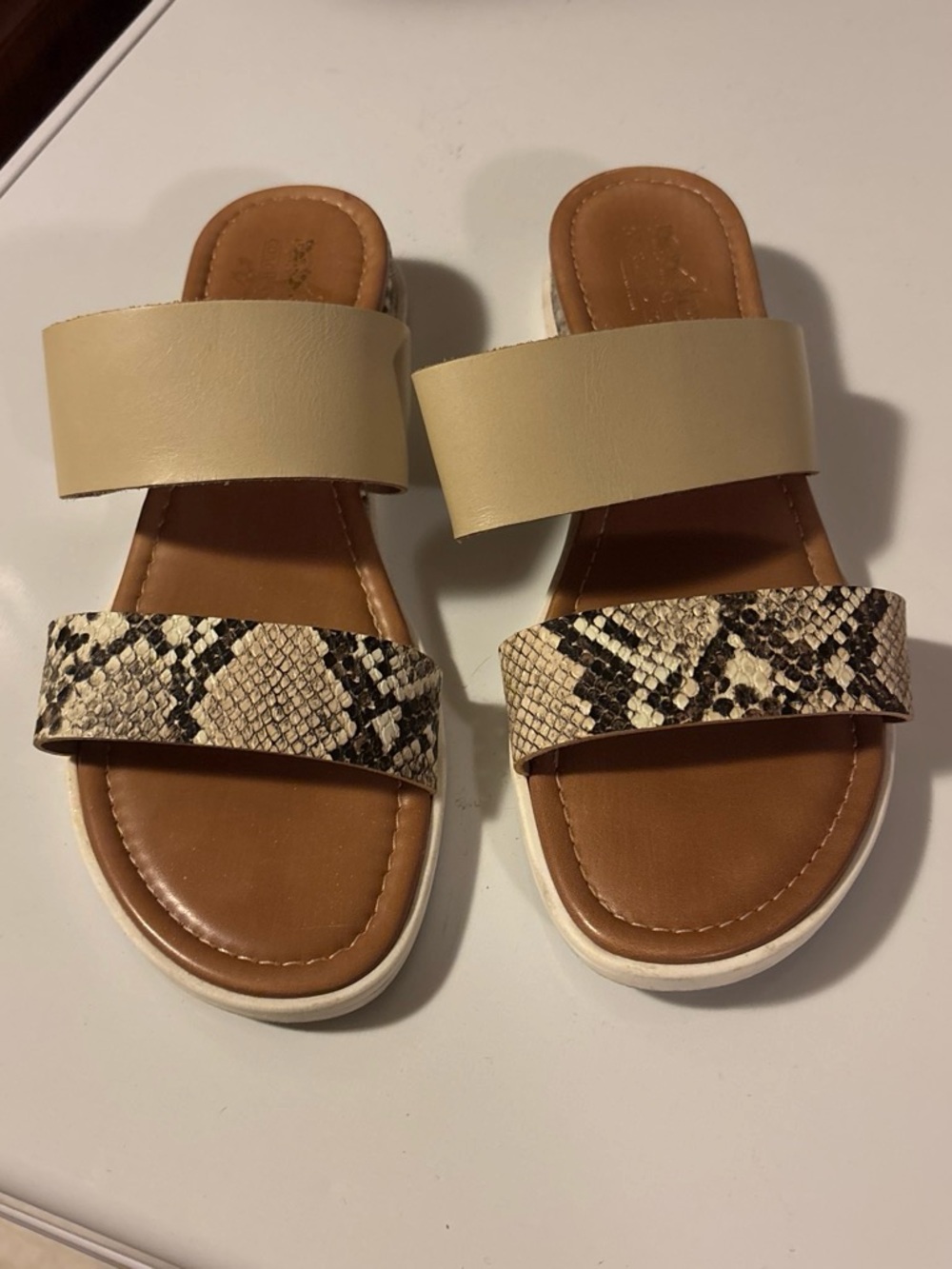 Coach and Four Beige and Snake-Print Double Strap Sandals